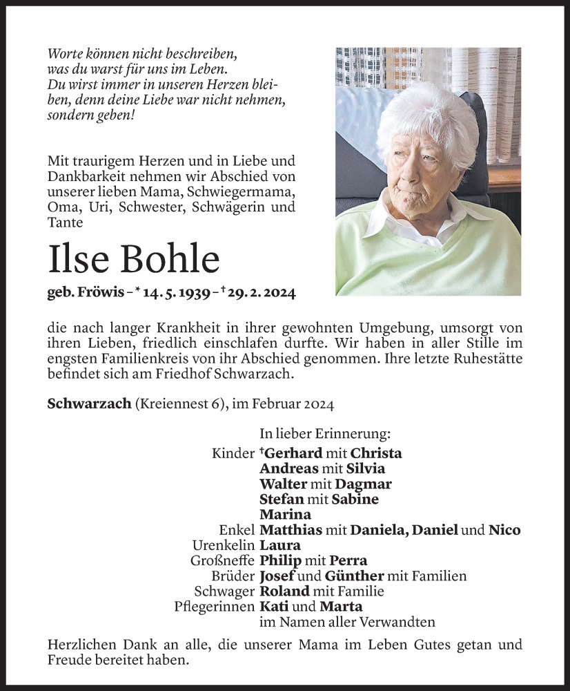  Todesanzeige für Ilse Bohle vom 09.03.2024 aus Vorarlberger Nachrichten