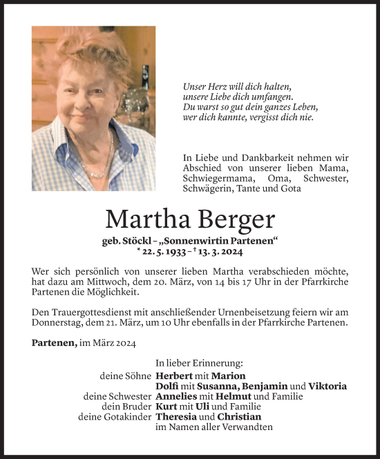 Todesanzeige von Martha Berger von Vorarlberger Nachrichten
