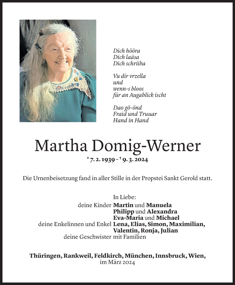 Todesanzeige für Martha Domig-Werner vom 16.03.2024 aus Vorarlberger Nachrichten