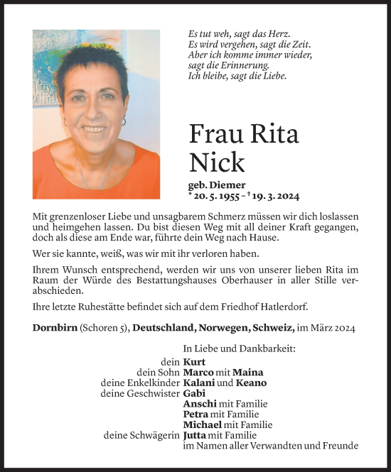Todesanzeige von Rita Nick von Vorarlberger Nachrichten