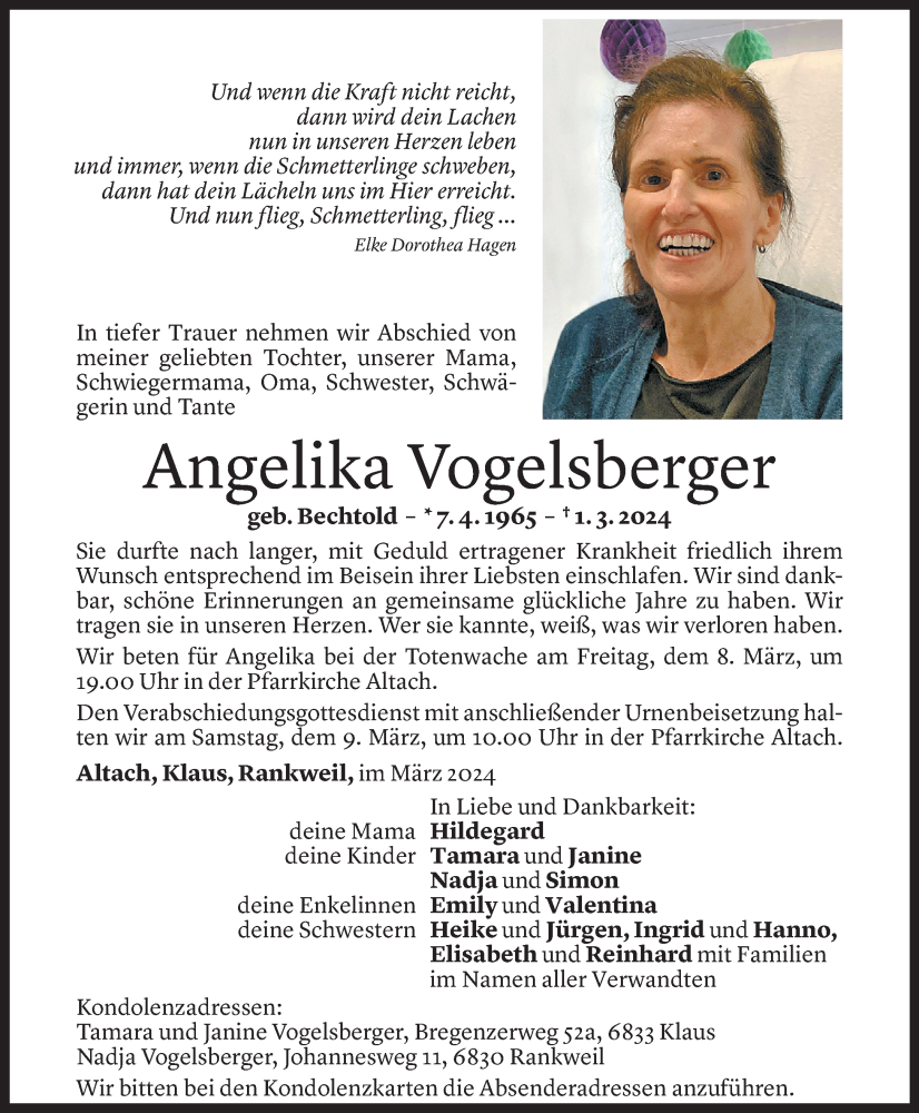  Todesanzeige für Angelika Vogelsberger vom 06.03.2024 aus Vorarlberger Nachrichten