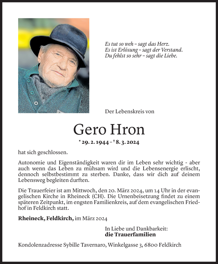  Todesanzeige für Gero Hron vom 16.03.2024 aus Vorarlberger Nachrichten
