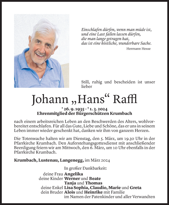 Todesanzeige von Johann Raffl von Vorarlberger Nachrichten
