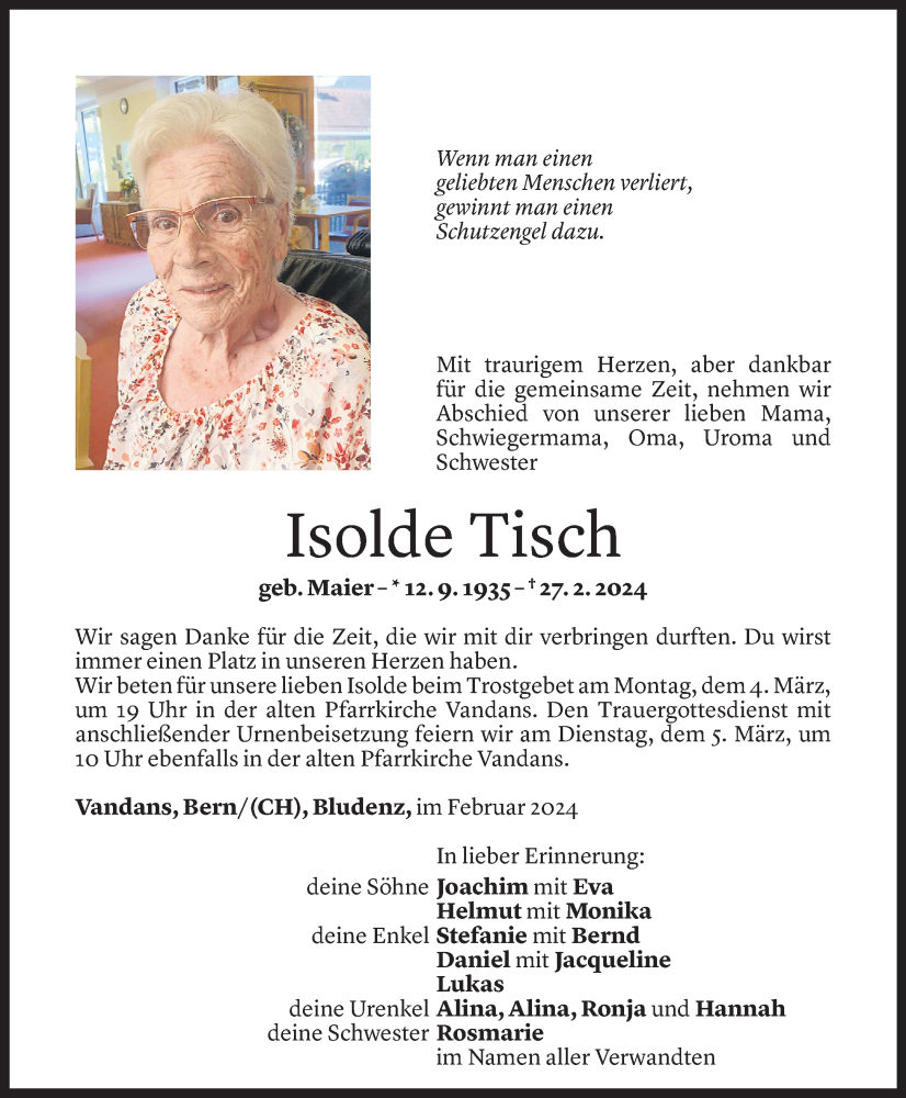  Todesanzeige für Isolde Tisch vom 02.03.2024 aus Vorarlberger Nachrichten