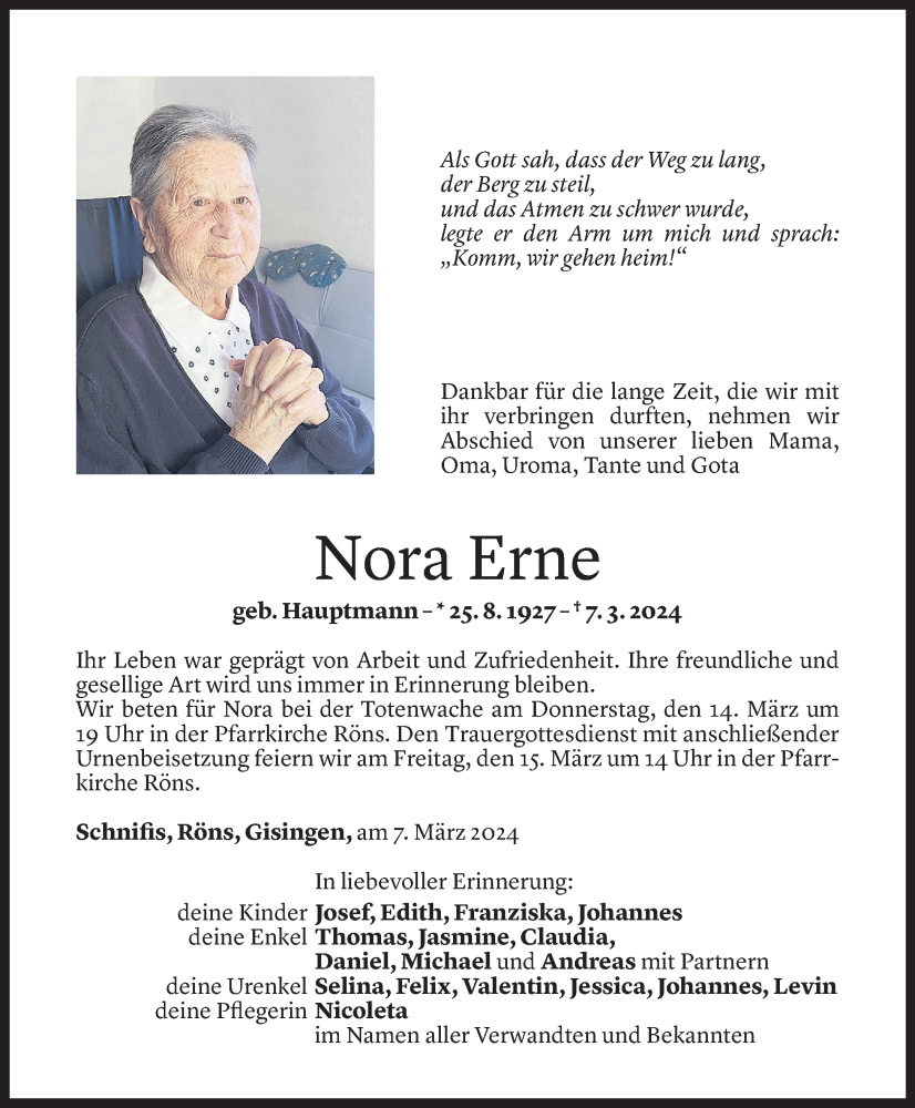  Todesanzeige für Nora Erne vom 11.03.2024 aus Vorarlberger Nachrichten