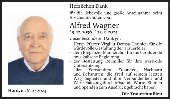 Todesanzeige von Alfred Wagner von Vorarlberger Nachrichten