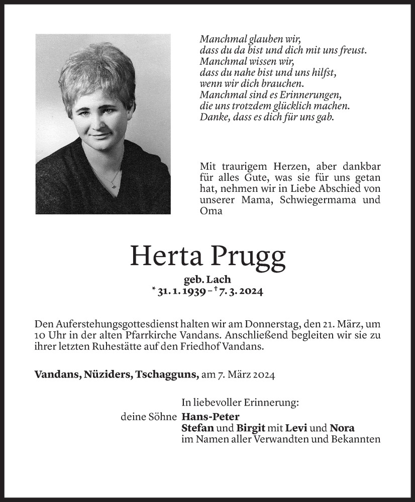 Todesanzeige für Herta Prugg vom 14.03.2024 aus Vorarlberger Nachrichten