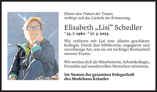 Todesanzeige von Elisabeth Schedler von Vorarlberger Nachrichten