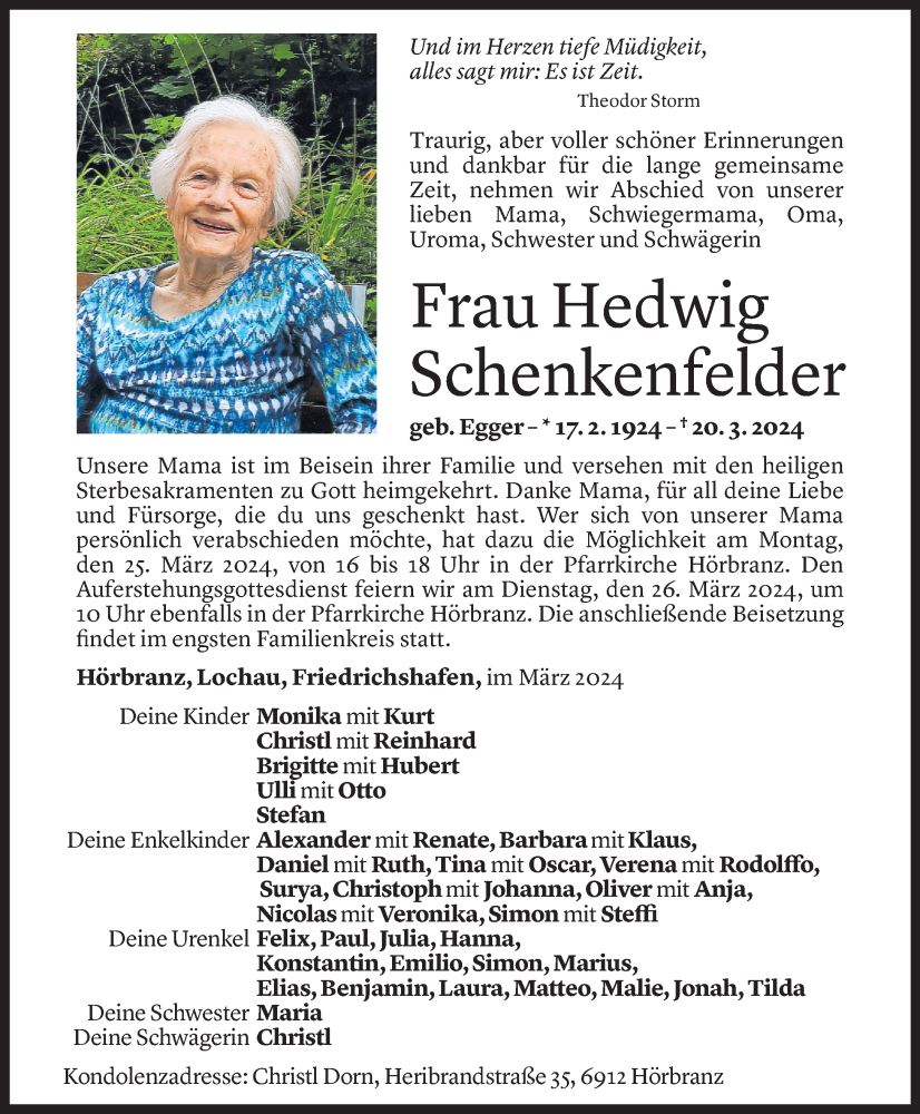  Todesanzeige für Hedwig Schenkenfelder vom 22.03.2024 aus Vorarlberger Nachrichten