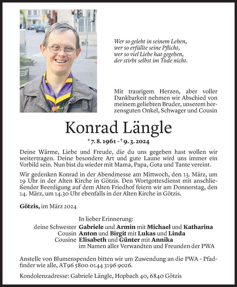  Todesanzeige für Konrad Längle vom 12.03.2024 aus Vorarlberger Nachrichten