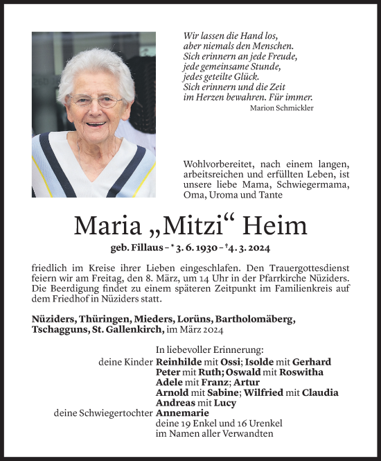 Todesanzeige von Maria Heim von Vorarlberger Nachrichten