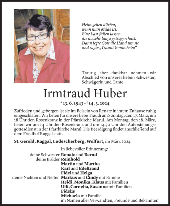 Todesanzeige von Irmtraud Huber von Vorarlberger Nachrichten