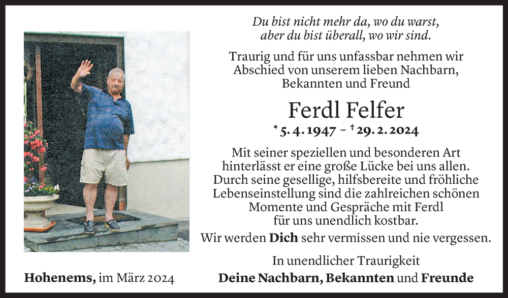  Todesanzeige für Ferdl Felfer vom 06.03.2024 aus Vorarlberger Nachrichten