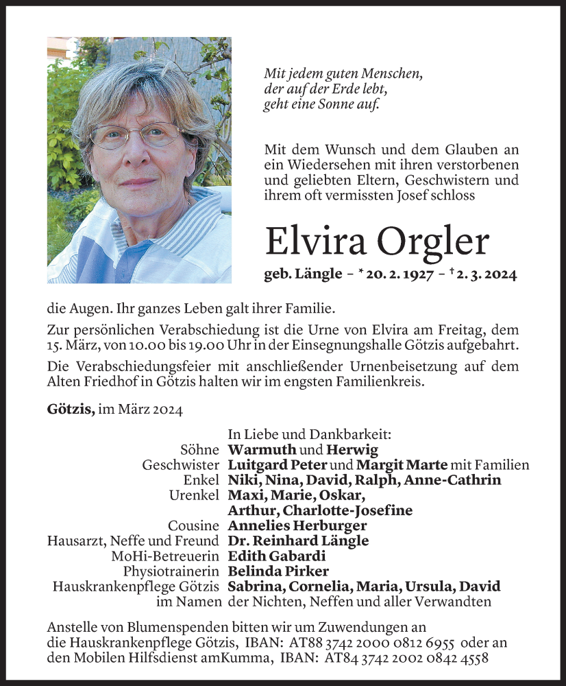  Todesanzeige für Elvira Orgler vom 08.03.2024 aus Vorarlberger Nachrichten
