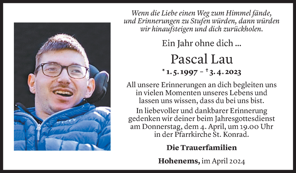 Todesanzeige für Pascal Lau vom 02.04.2024 aus Vorarlberger Nachrichten