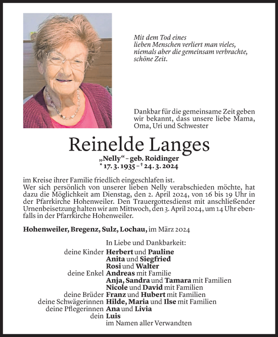 Todesanzeige von Reinelde Langes von Vorarlberger Nachrichten