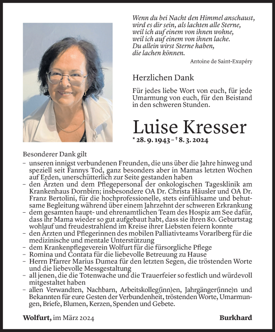 Todesanzeige von Luise Kresser von Vorarlberger Nachrichten