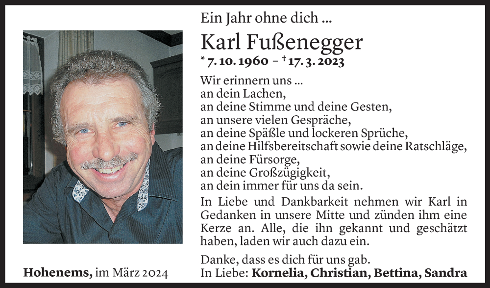  Todesanzeige für Karl Fußenegger vom 15.03.2024 aus Vorarlberger Nachrichten
