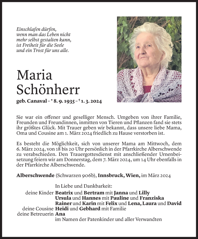  Todesanzeige für Maria Schönherr vom 03.03.2024 aus Vorarlberger Nachrichten