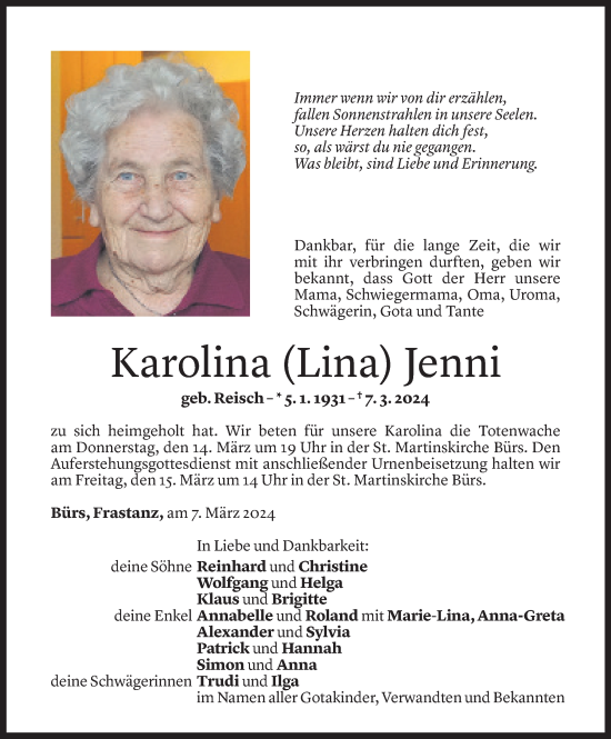 Todesanzeige von Karolina Jenni von Vorarlberger Nachrichten