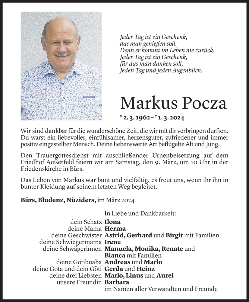  Todesanzeige für Markus Pocza vom 07.03.2024 aus Vorarlberger Nachrichten