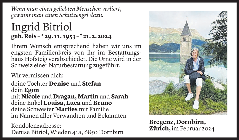  Todesanzeige für Ingrid Bitriol vom 08.03.2024 aus Vorarlberger Nachrichten