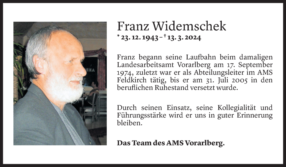  Todesanzeige für Franz Widemschek vom 28.03.2024 aus Vorarlberger Nachrichten