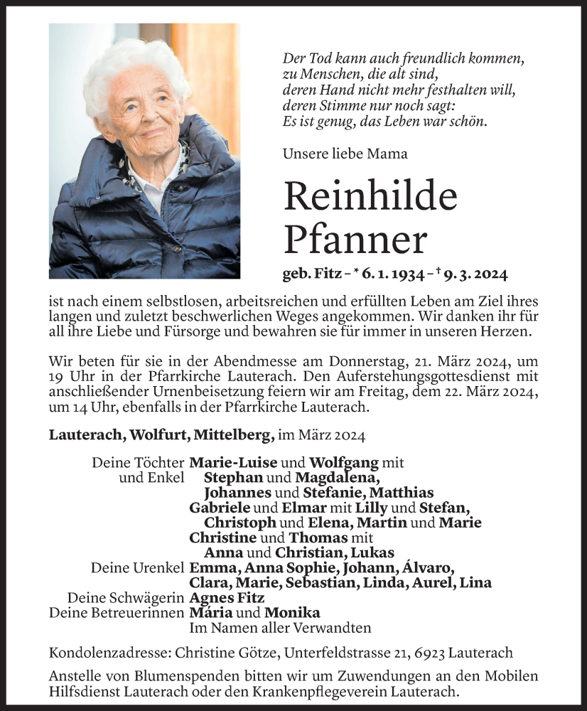  Todesanzeige für Reinhilde Pfanner vom 19.03.2024 aus Vorarlberger Nachrichten
