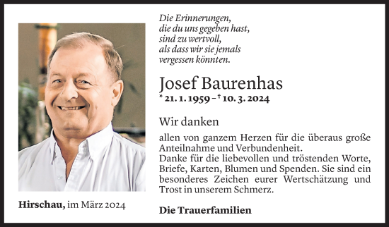 Todesanzeige von Josef Baurenhas von Vorarlberger Nachrichten
