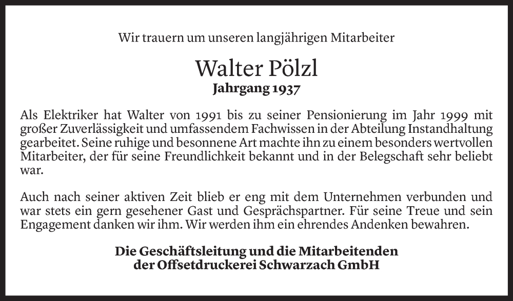  Todesanzeige für Walter Pölzl vom 30.03.2024 aus Vorarlberger Nachrichten