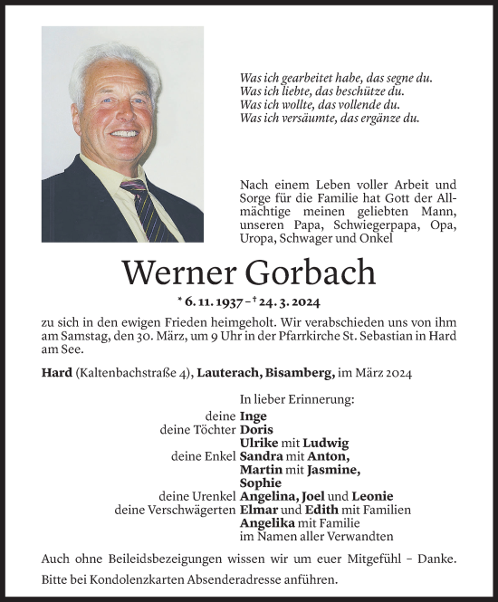 Todesanzeige von Werner Gorbach von Vorarlberger Nachrichten