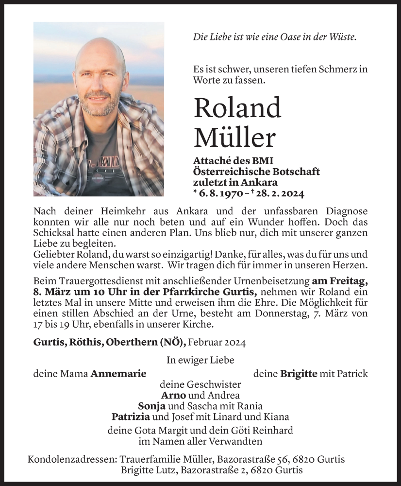  Todesanzeige für Roland Müller vom 01.03.2024 aus Vorarlberger Nachrichten