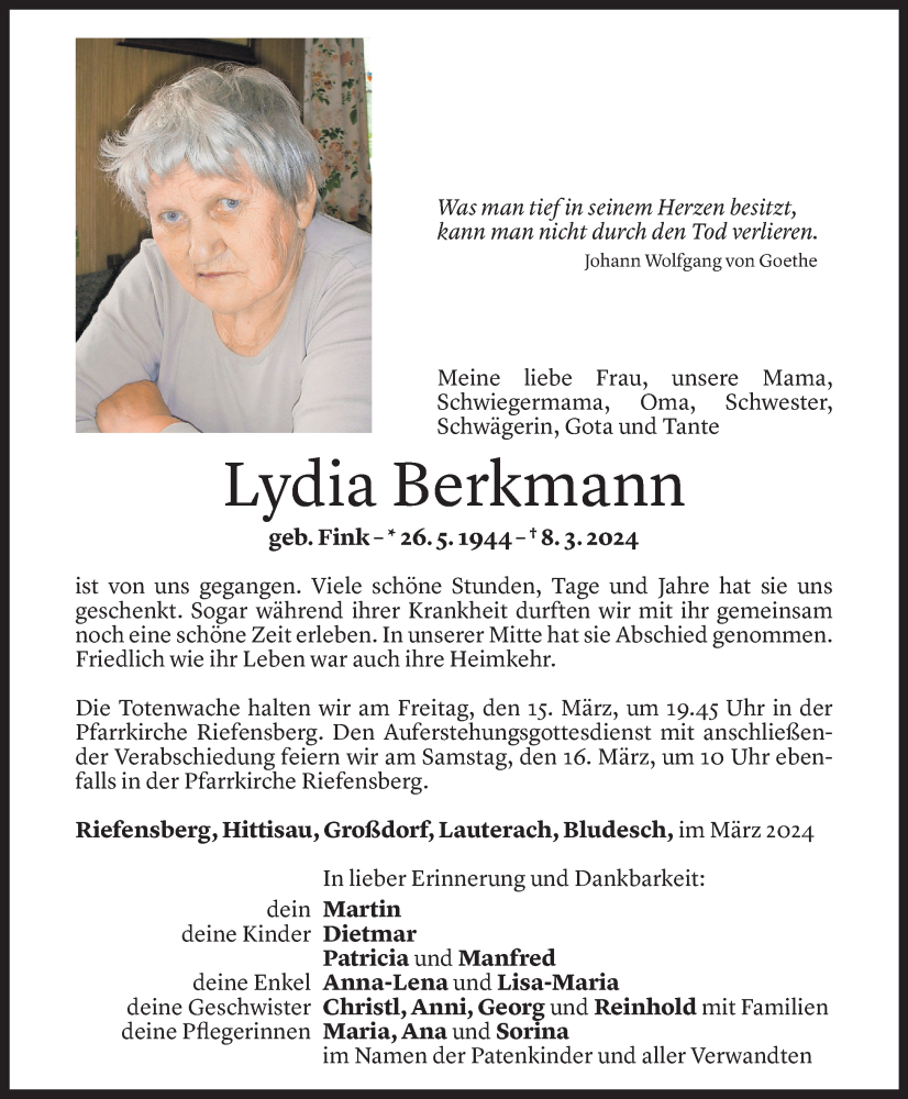  Todesanzeige für Lydia Berkmann vom 13.03.2024 aus Vorarlberger Nachrichten