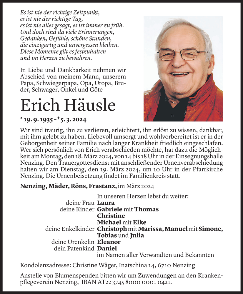  Todesanzeige für Erich Häusle vom 15.03.2024 aus Vorarlberger Nachrichten