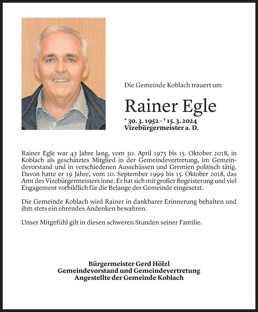  Todesanzeige für Rainer Egle vom 20.03.2024 aus Vorarlberger Nachrichten