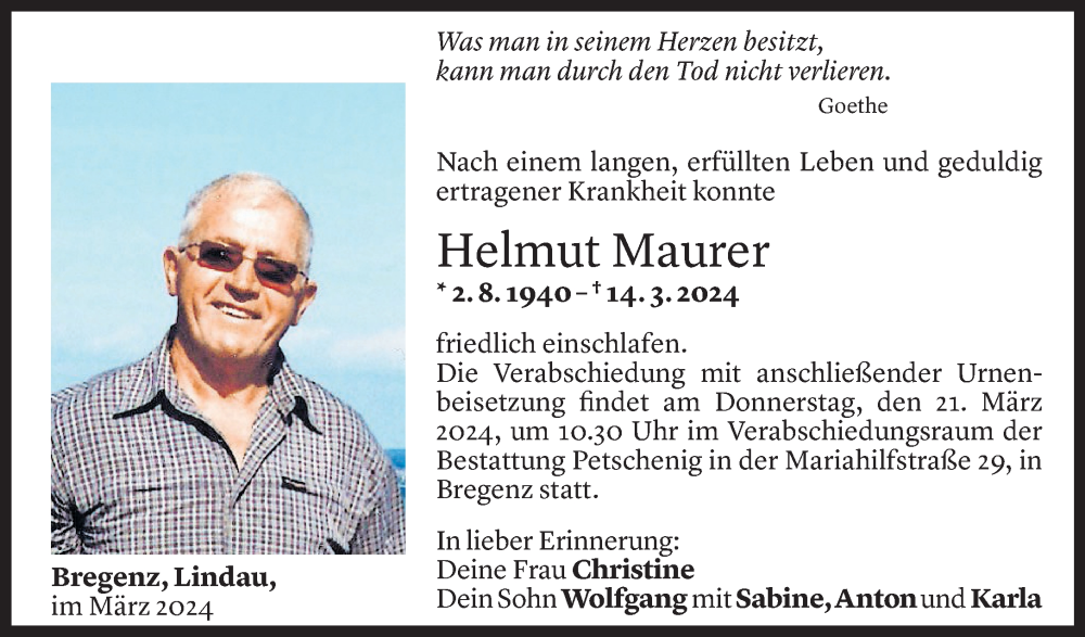  Todesanzeige für Helmut Maurer vom 15.03.2024 aus Vorarlberger Nachrichten