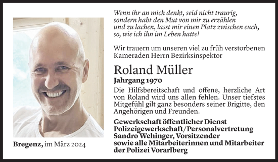 Todesanzeige von Roland Müller von Vorarlberger Nachrichten