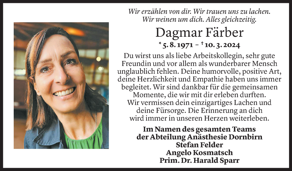  Todesanzeige für Dagmar Färber vom 13.03.2024 aus Vorarlberger Nachrichten