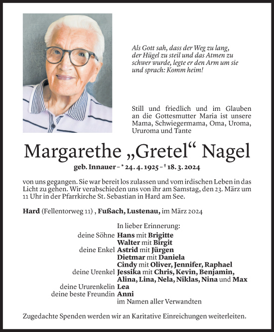 Todesanzeige von Margarethe Nagel von Vorarlberger Nachrichten