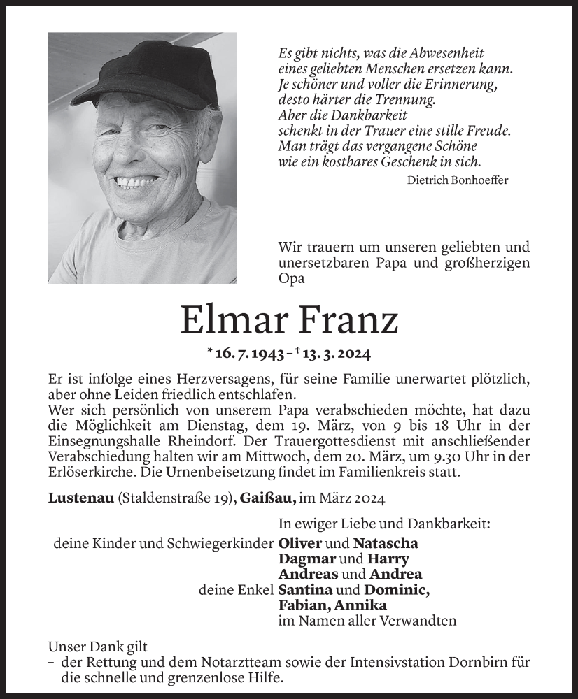  Todesanzeige für Elmar Franz vom 15.03.2024 aus Vorarlberger Nachrichten