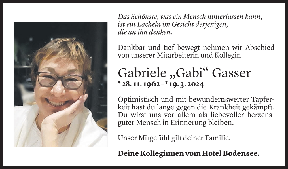  Todesanzeige für Gabriele Gasser vom 26.03.2024 aus Vorarlberger Nachrichten