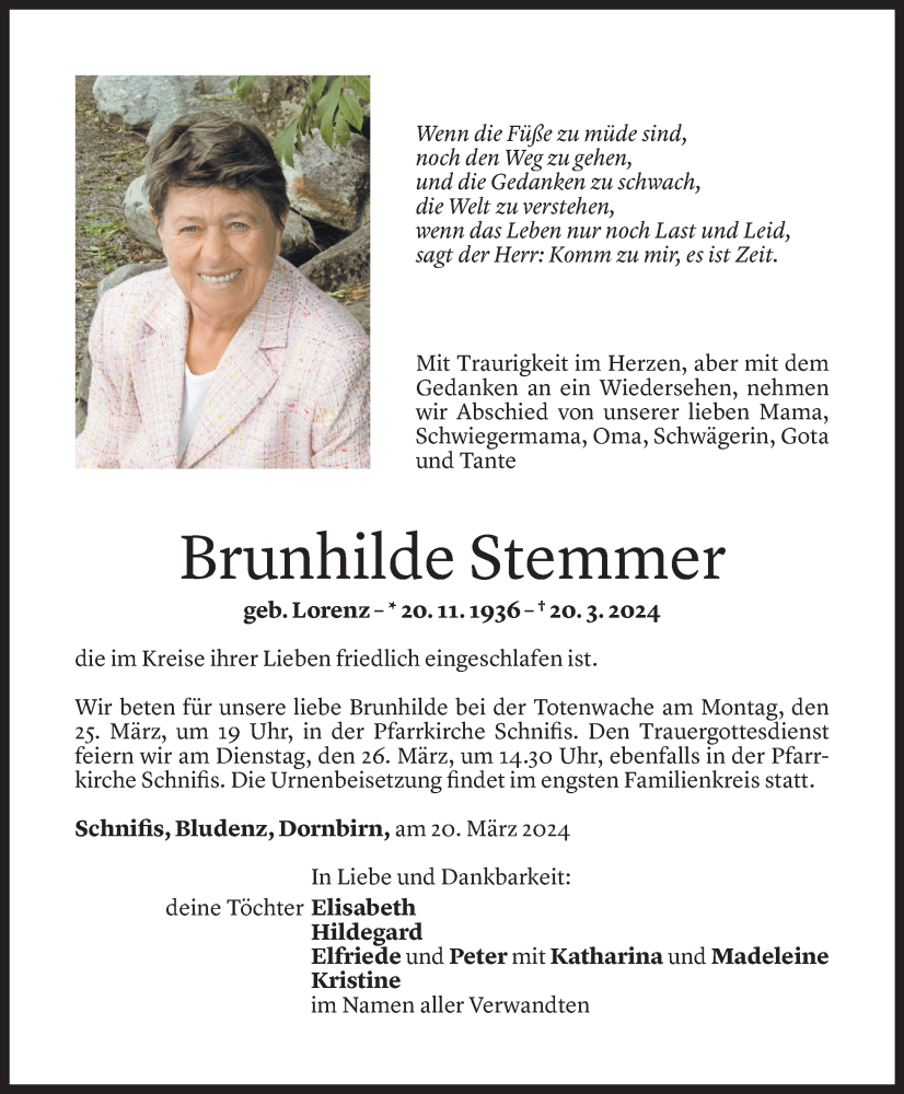  Todesanzeige für Brunhilde Stemmer vom 22.03.2024 aus Vorarlberger Nachrichten