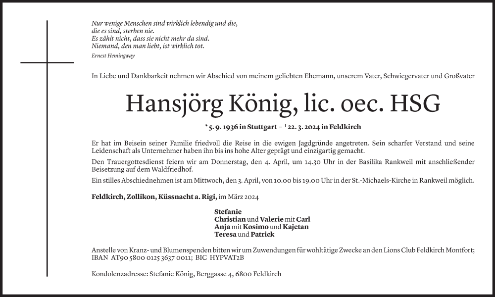  Todesanzeige für Hansjörg König vom 29.03.2024 aus Vorarlberger Nachrichten