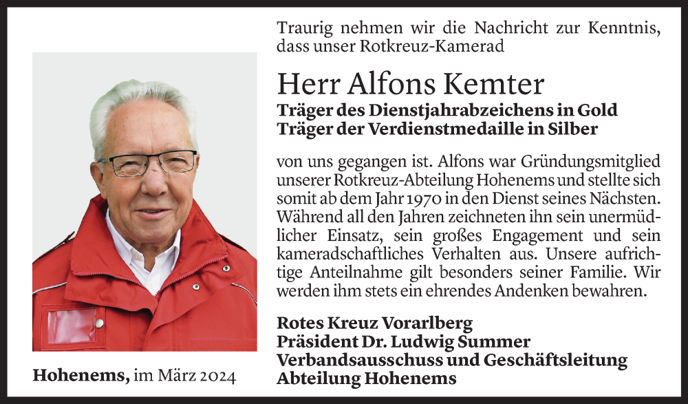  Todesanzeige für Alfons Kemter vom 22.03.2024 aus Vorarlberger Nachrichten