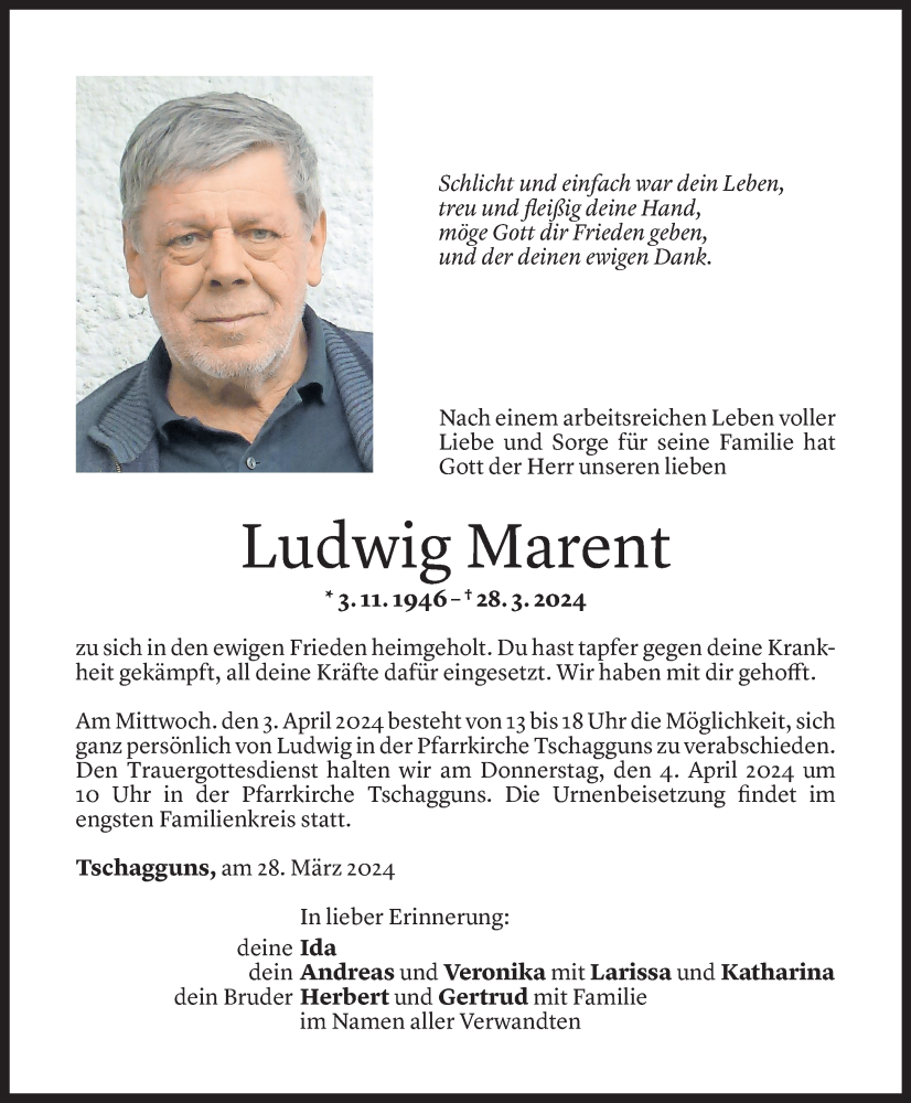  Todesanzeige für Ludwig Marent vom 01.04.2024 aus Vorarlberger Nachrichten