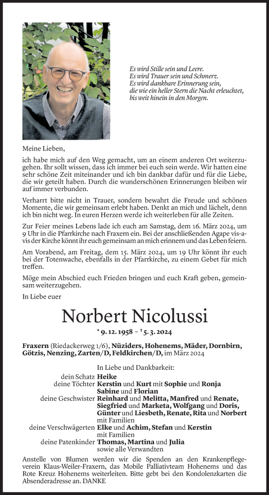 Todesanzeige von Norbert Nicolussi von Vorarlberger Nachrichten