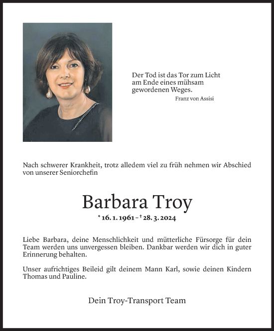 Todesanzeige von Barbara Troy von Vorarlberger Nachrichten