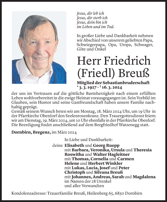 Todesanzeige von Friedrich Breuß von Vorarlberger Nachrichten