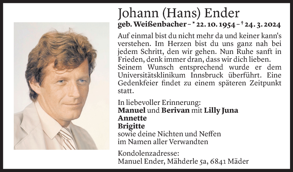  Todesanzeige für Johann Ender vom 30.03.2024 aus Vorarlberger Nachrichten