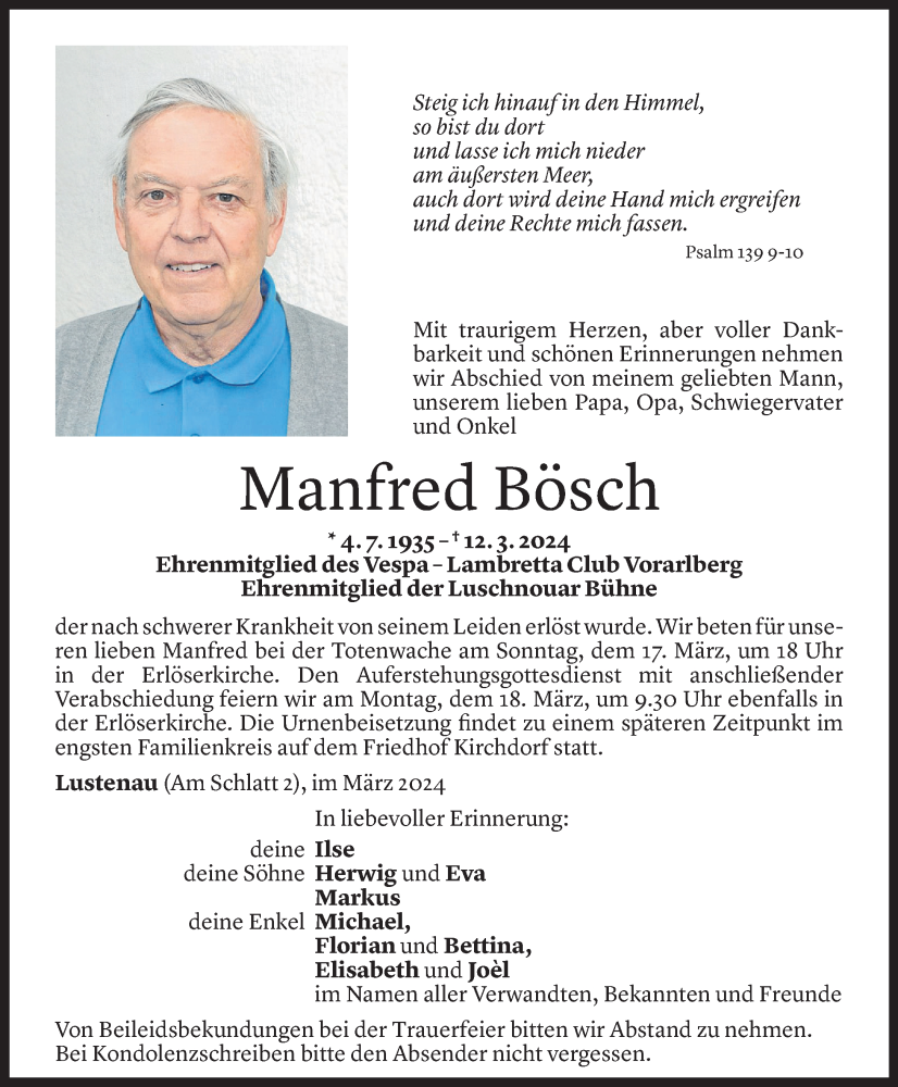  Todesanzeige für Manfred Bösch vom 14.03.2024 aus Vorarlberger Nachrichten